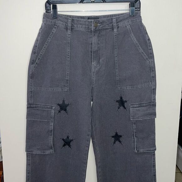 Hottopic Social Collision Grey Star Cargo Utility Pants Size 7 - Picture 11 of 16